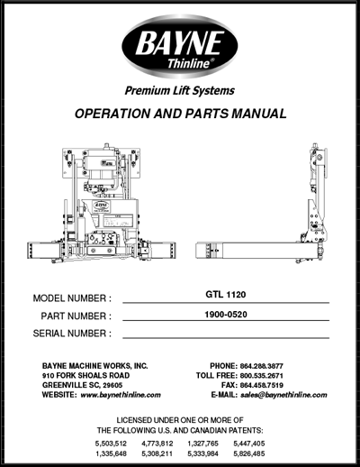 Bayne GTL 1120 Cart Tipper Lifter Manual