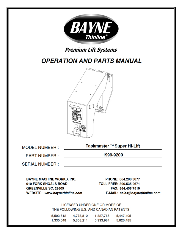 Taskmaster High Lift Series 1999-9200 Manual