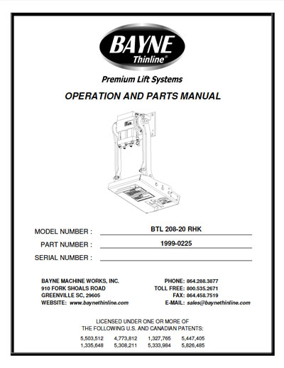 Bayne BTL-208-RHK-20 Garbage Truck Lifter Manual